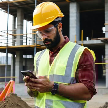 Construction worker at job site entering time on a mobile phone.