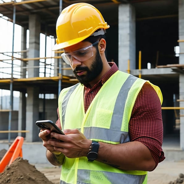 Construction worker at job site entering time on a mobile phone.