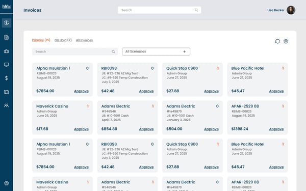 hh2 AP Automation dashboard for construction companies displaying invoices, routing status, and approval workflow visibility