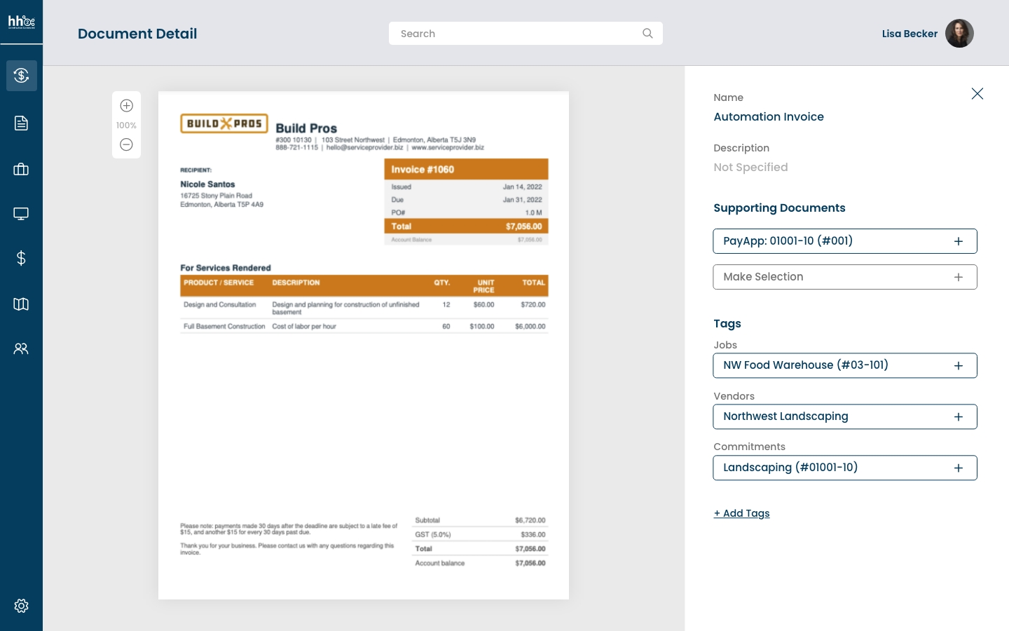 hh2 AP Routing document detail view showing invoice attachments, coding, and approval tracking for construction accounts payable. hh2 AP Routing document detail view showing invoice attachments, coding, and approval tracking for construction accounts payable.