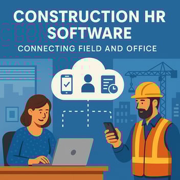 Construction worker and office employee using HR software, connected by cloud-based tools for onboarding and time tracking
