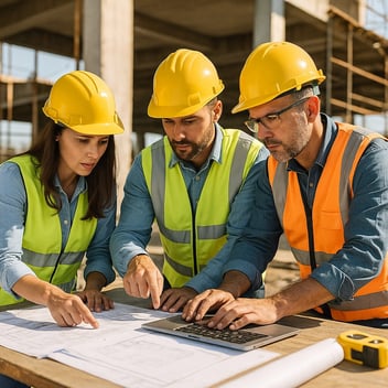 Construction time tracking meeting with general contractors reviewing blueprints at a jobsite.
