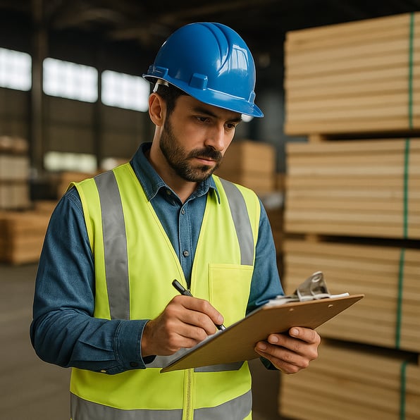 Construction worker reviewing supply inventory on jobsite