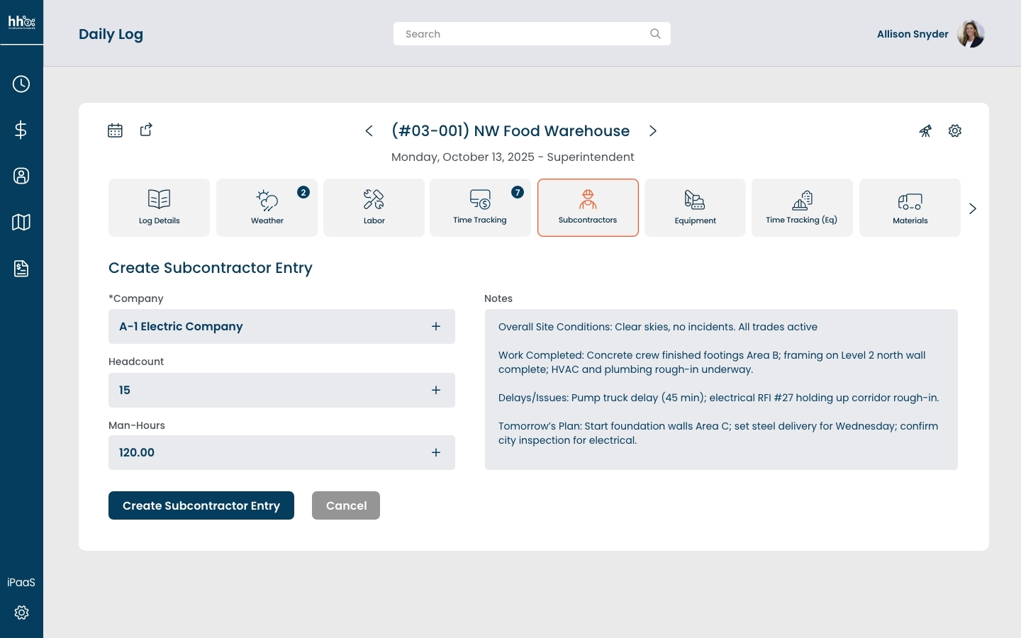 Daily Log - Subcontractors Daily Log - Subcontractors