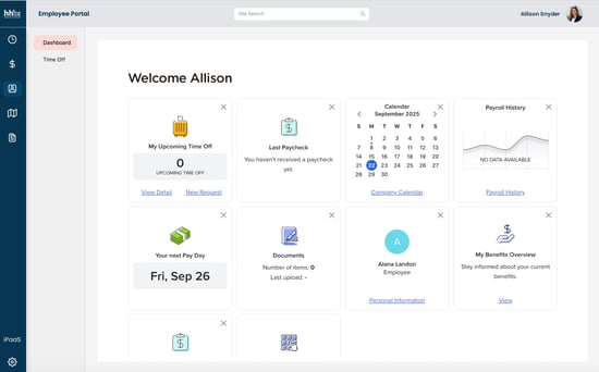 hh2 Employee Portal dashboard for construction teams showing payroll summaries, time tracking, and benefits access