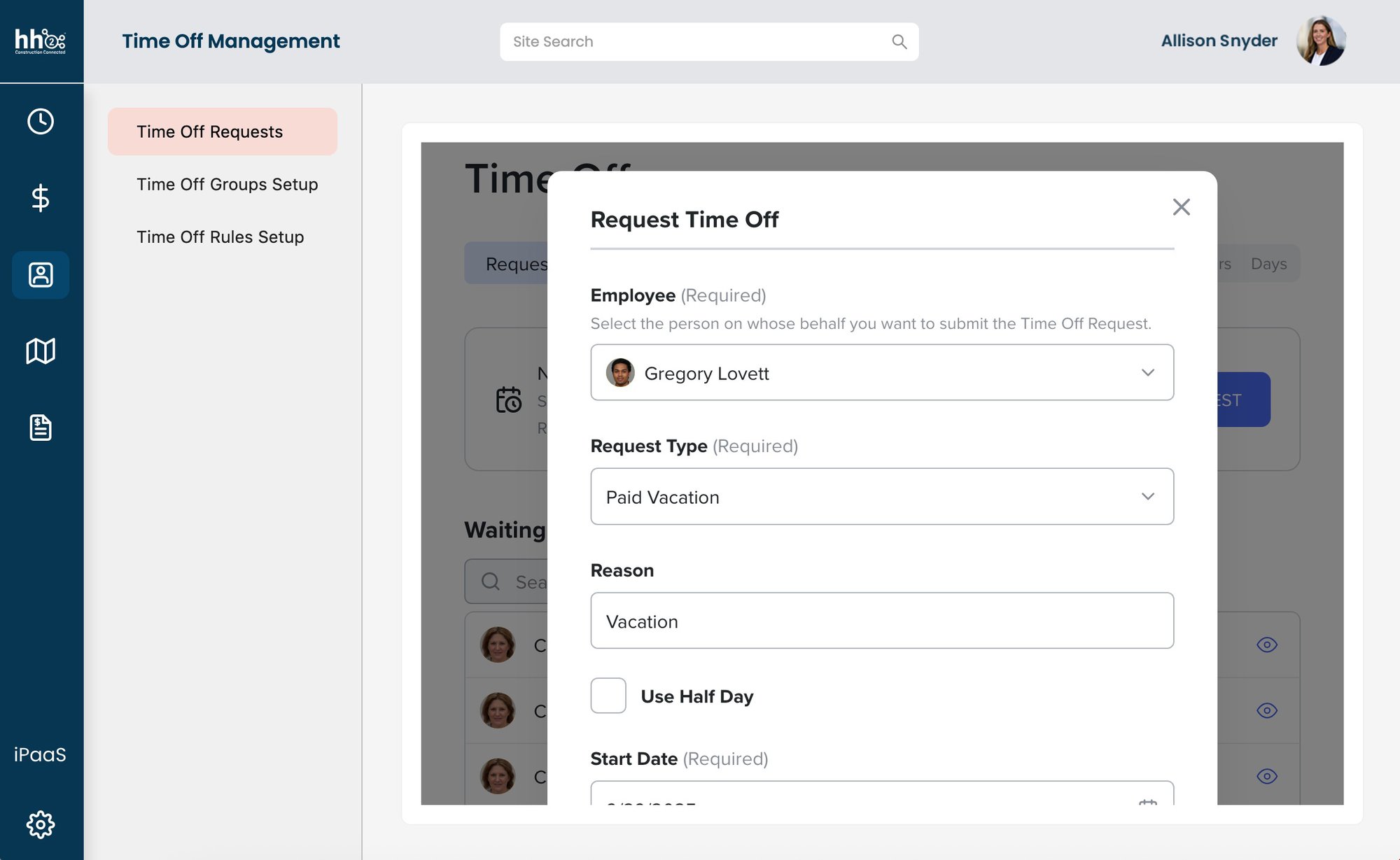 Time-off request form in hh2 HRIS showing employee vacation request, approval status, and remaining balance Time-off request form in hh2 HRIS showing employee vacation request, approval status, and remaining balance