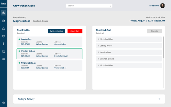 hh2 Crew Punch activity view displaying crew member time entries and job cost allocations for construction payroll