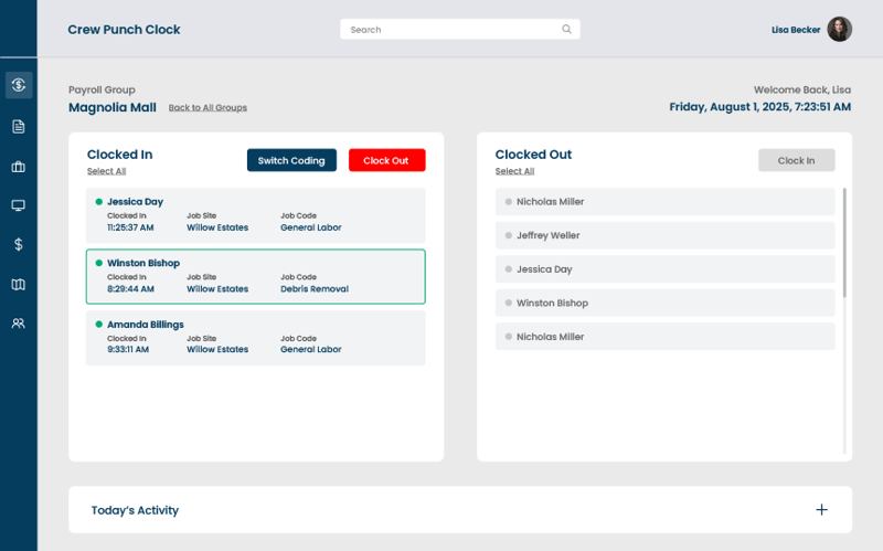 Crew Punch view in hh2 showing construction workers switching between job codes and cost codes on site