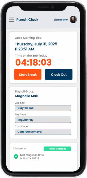 hh2 Punch Clock mobile app for construction teams enabling time entry, crew management, and job site tracking