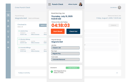 hh2 Time Tracking mobile-ready dashboard for construction crews to clock in, track hours, and manage job codes from the field
