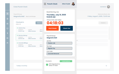 hh2 Time Tracking mobile-ready dashboard for construction crews to clock in, track hours, and manage job codes from the field