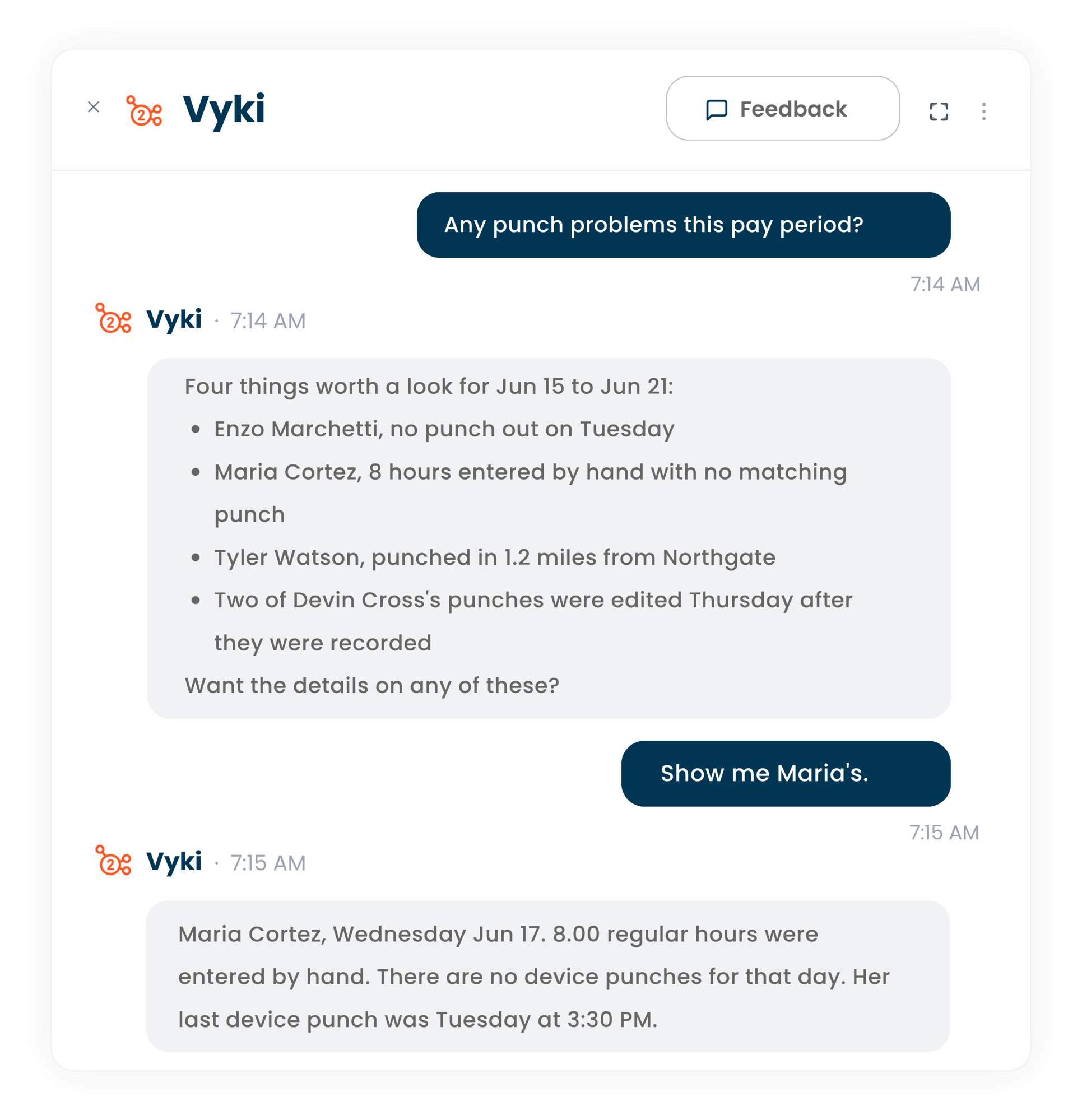 Vyki Screenshot -  Any punch problems this pay period