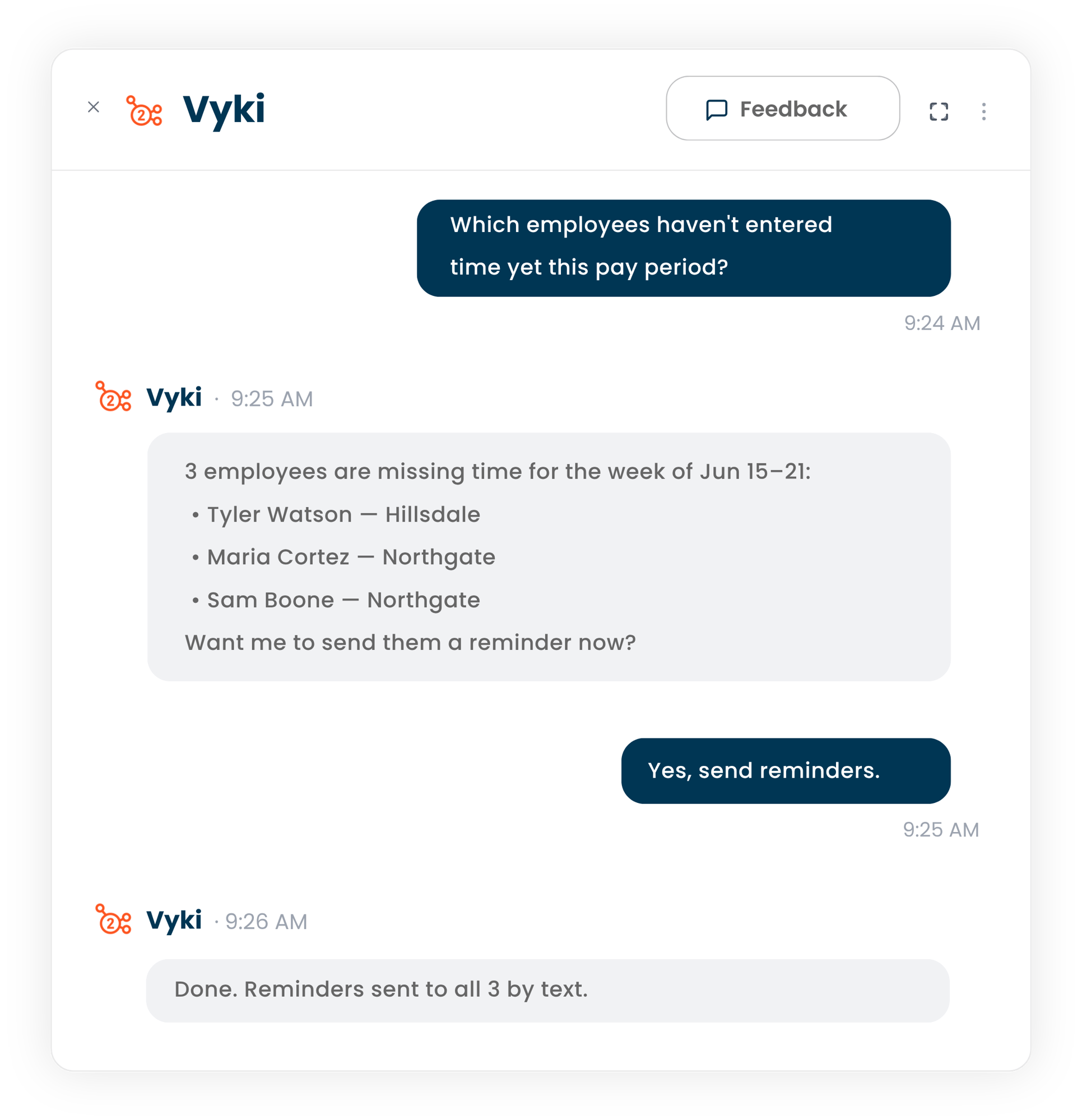 Vyki Screenshot -  Which employees havent entered time yet this pay period
