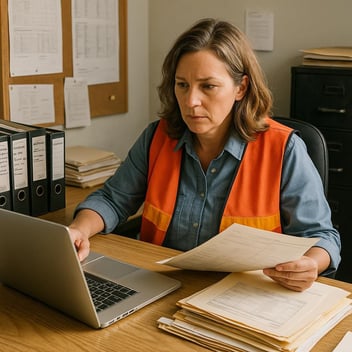 Construction admin reviewing digital employee records on a tablet at a job site trailer