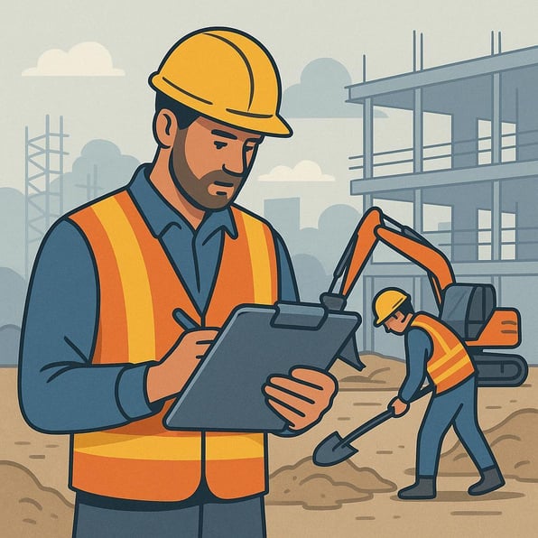 Construction foreman filling out a clipboard on an active job site