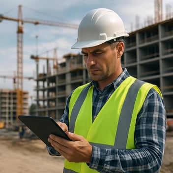 Construction foreman wearing a hard hat and safety vest using a tablet at a busy construction site