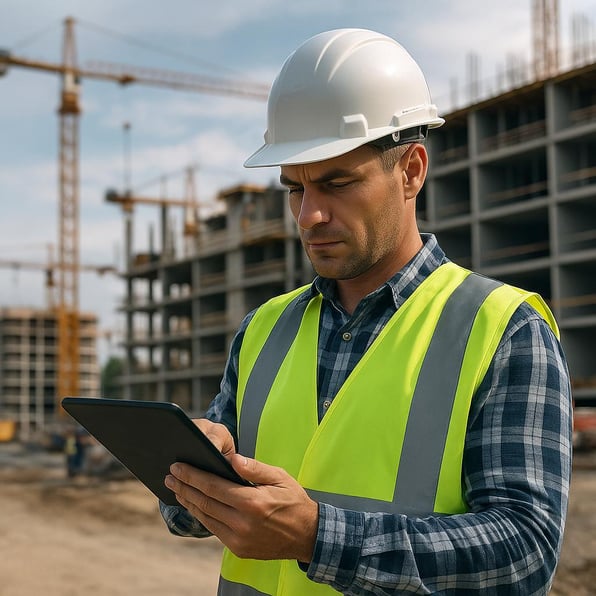 Construction foreman wearing a hard hat and safety vest using a tablet at a busy construction site