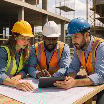 General contractors collaborating over blueprints and a tablet at a construction site
