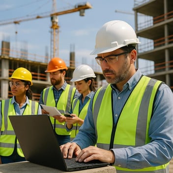 Construction project team using digital HR software on site, connecting field and office in real time