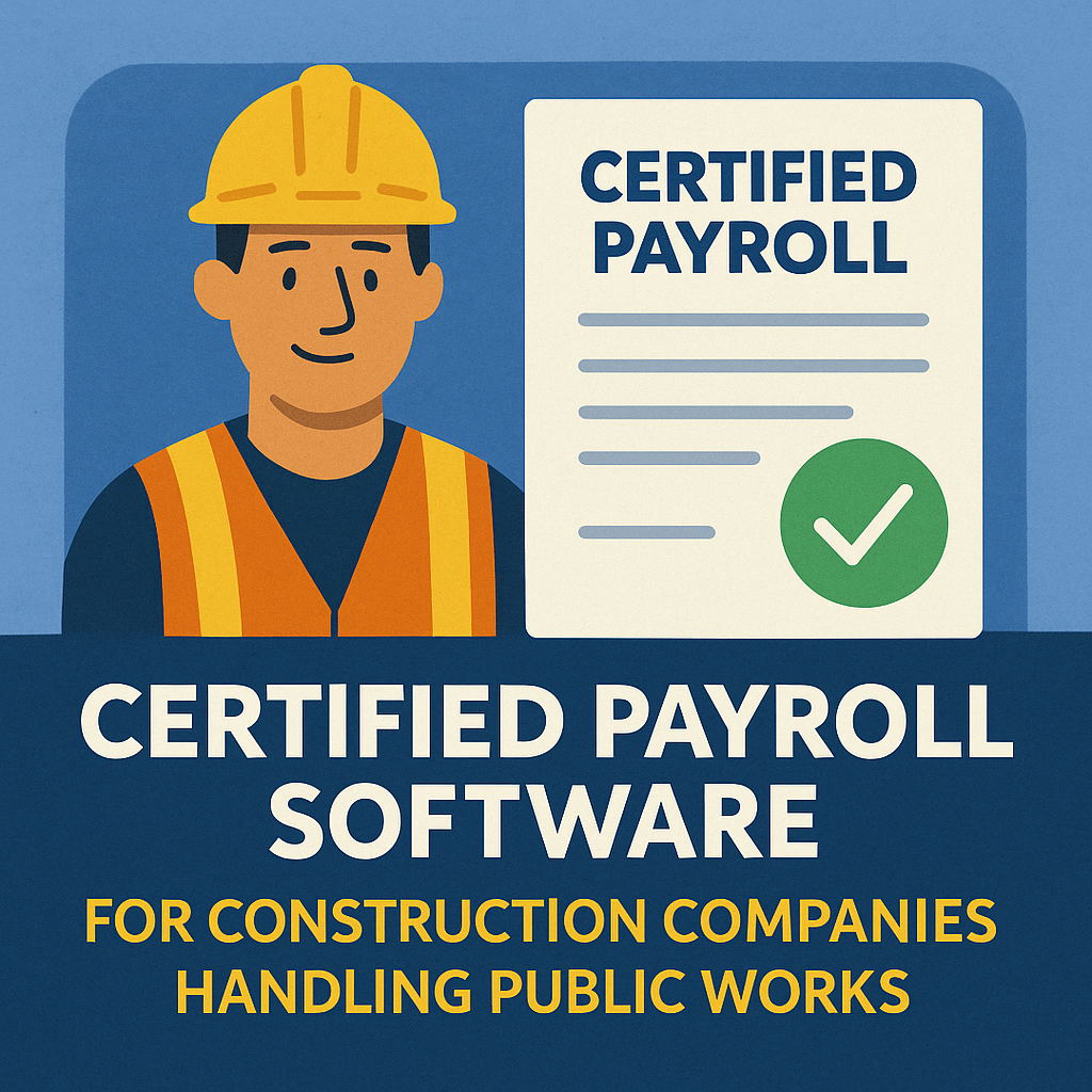 Construction worker and certified payroll document promoting software for public works compliance