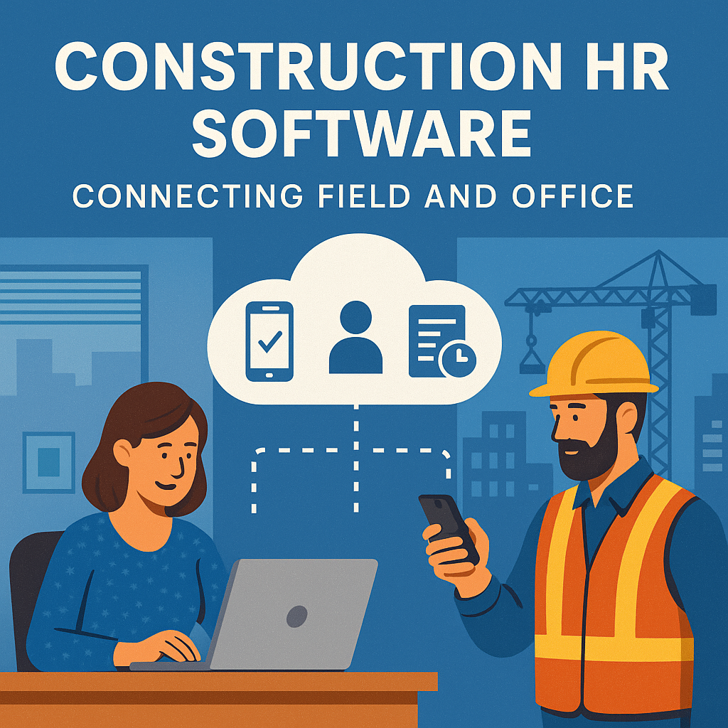 Construction worker and office employee using HR software, connected by cloud-based tools for onboarding and time tracking