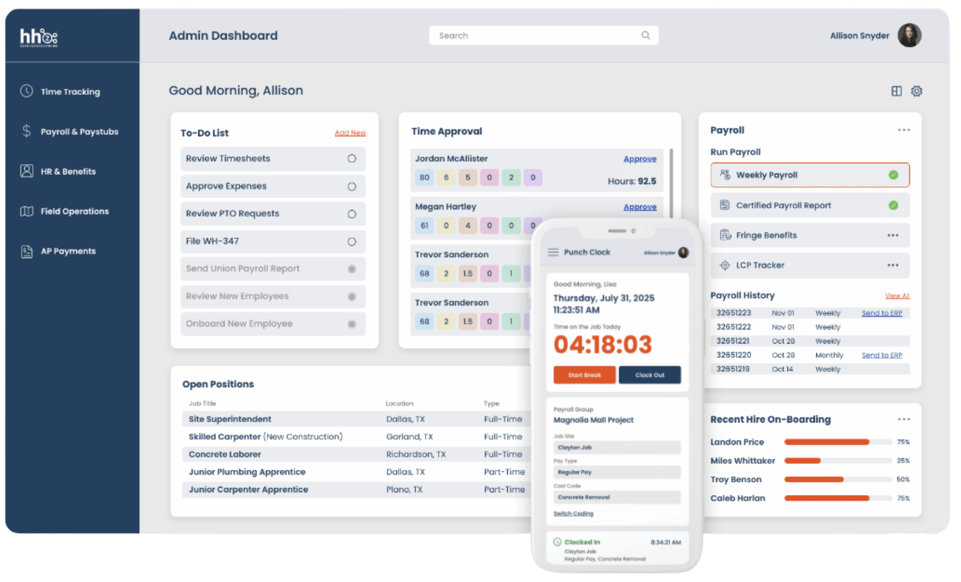 Construction Payroll Software - Flexible Time Tracking - Admin Dashboard and Mobile App