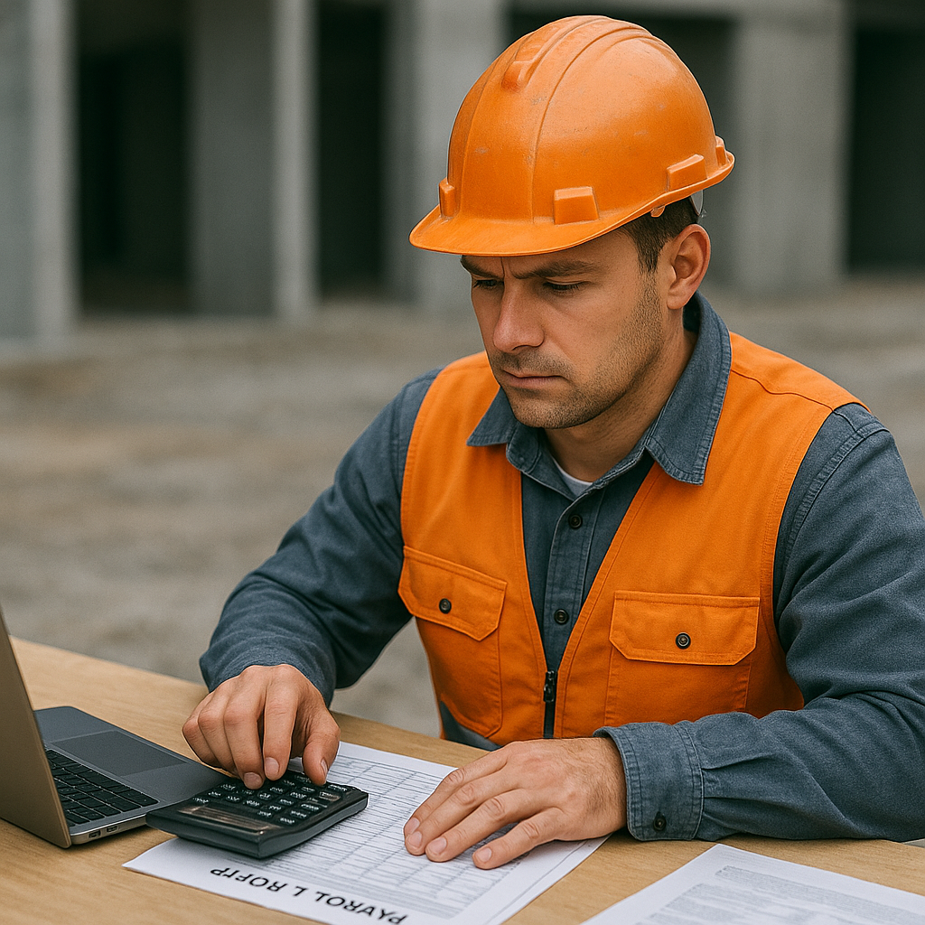Construction worker using tablet for digital payroll compliance on job site