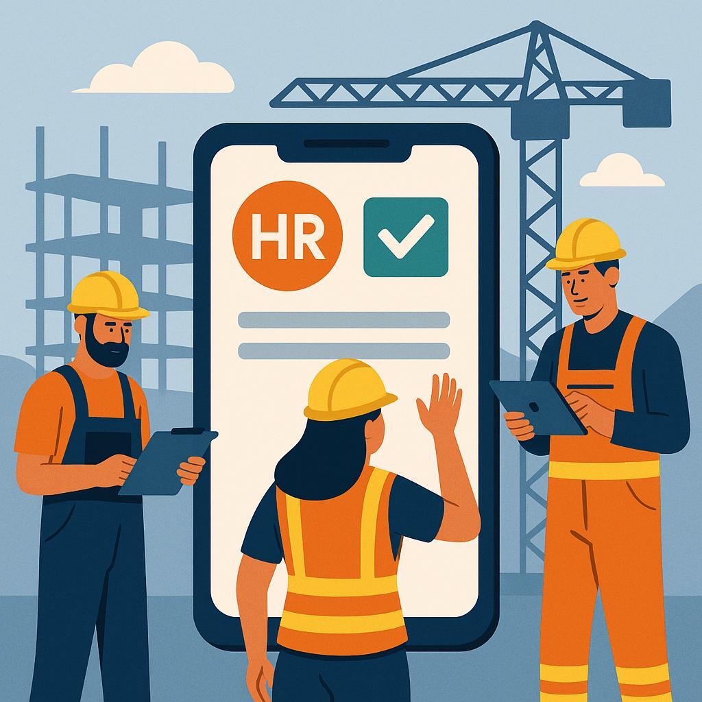 Construction workers using a mobile HR app on a job site