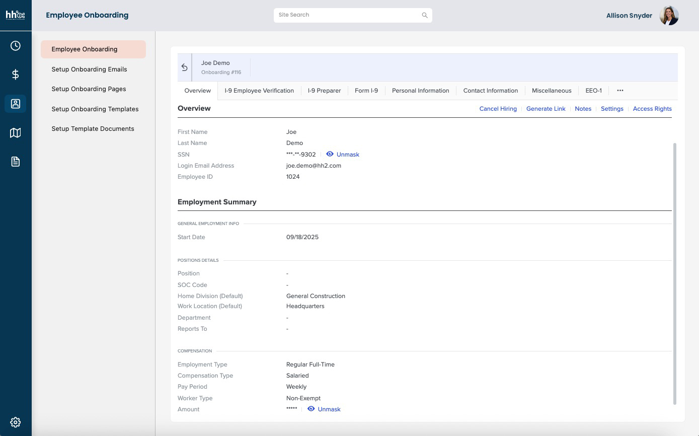 hh2 HRIS onboarding admin view showing new hire setup, document tracking, and compliance checklist for construction HR teams hh2 HRIS onboarding admin view showing new hire setup, document tracking, and compliance checklist for construction HR teams