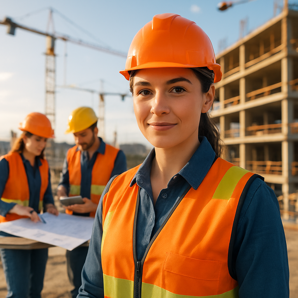 Female construction worker in safety gear with team at construction site