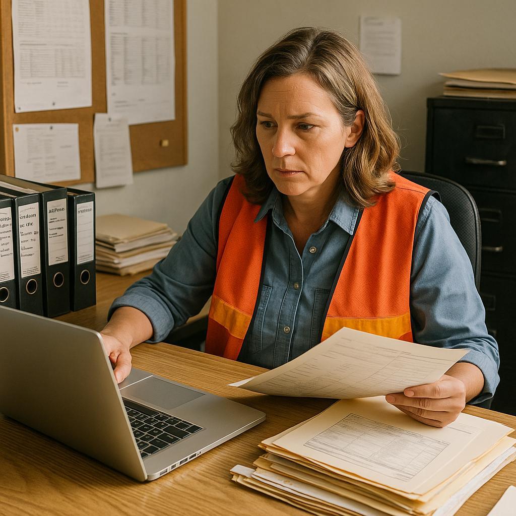 Construction admin reviewing digital employee records on a tablet at a job site trailer