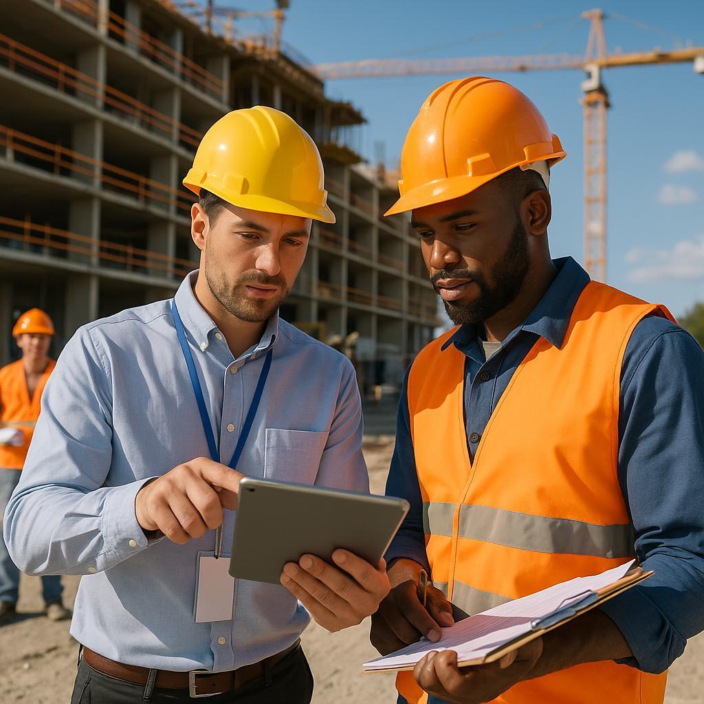Construction worker filling out onboarding forms on a tablet at a remote job site