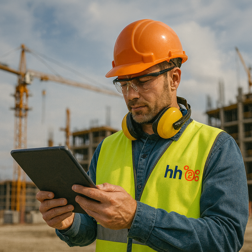 Digital safety training in action, a construction worker uses digital technology on-site to enhance safety and efficiency.