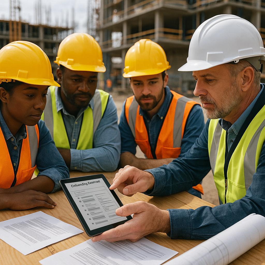 Construction crew completing onboarding on a tablet at a jobsite