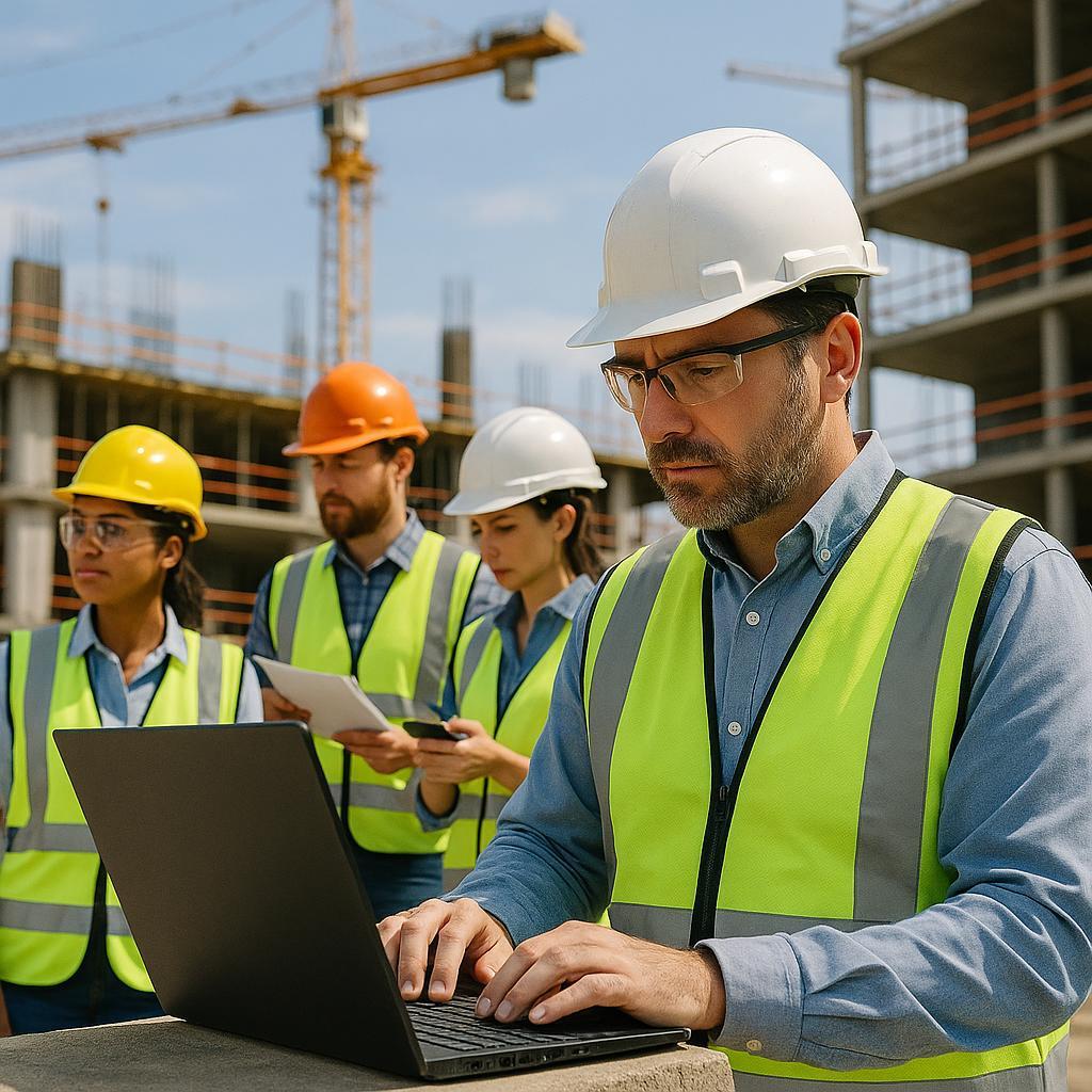 Construction project team using digital HR software on site, connecting field and office in real time